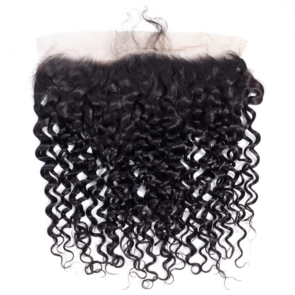 Ainimiu Curly Wave 13x4 Lace Frontal Human Hair Pre Plucked 100% unprocessed Brazilian Virgin Hair Transparent Ear To Ear Lace Frontal Closure With Baby Hair Natural Black 18inch
