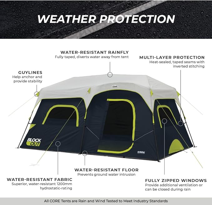 CORE Blackout Instant Cabin Tent | Large Family Pop Up Dark Room Tent with Easy Camp Setup | Included Storage Pockets for Outdoor Camping Accessories