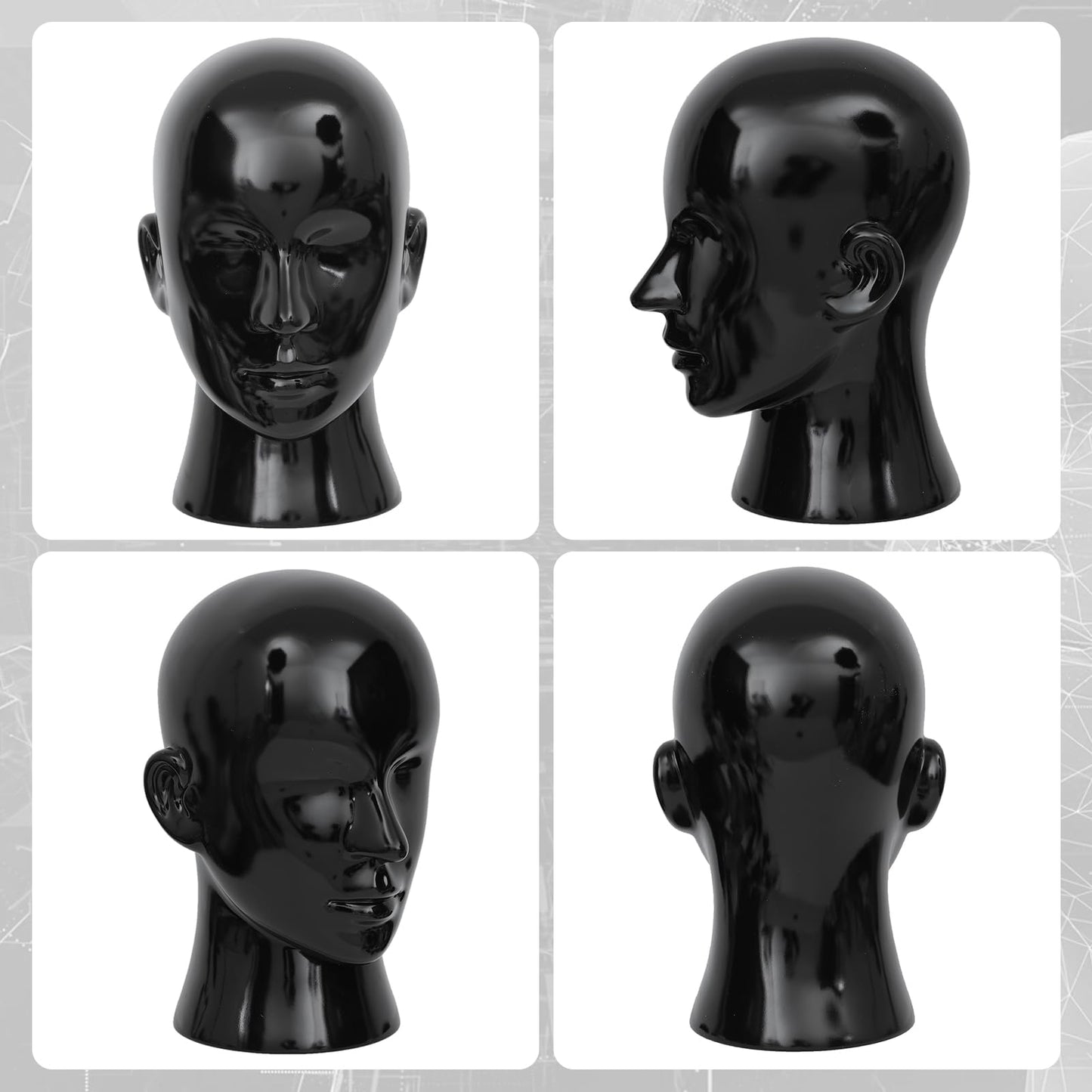 AMLUCKS Male Mannequin Head Professional PVC Manikin Head for Display Wigs Hats Headphone Mask Sunglasses Scarf Jewelry Display Stand (Bright Black)