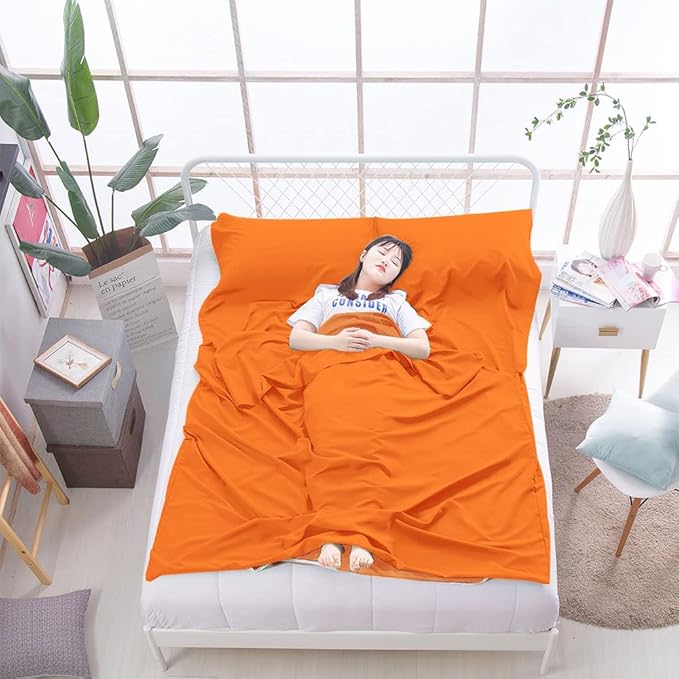 Bag Liner Lightweight Compact Bonng Bag Sack Portable Clean Travel Sheet with Zippered Opening for The Feet Camping Sleep Sheet for Backpacking Hotel& Hiking (Orange, 82.7'' X 70.9”)
