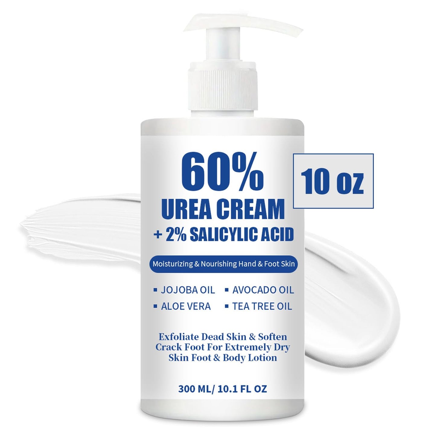 Urea Cream 60% plus 2% Salicylic Acid for Feet Maximum Strength - Lotion For Dry & Cracked Feet Elbows Knees Heels Hands, Hydrates Foot Care for Softening, Callus Remover 10.1oz (60%, 300ml)