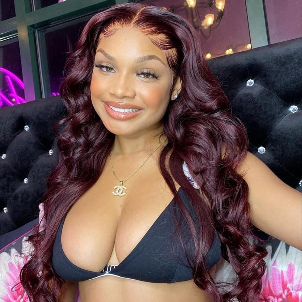 ANDRIA lace front wigs Glueless Lace Wig Long Loose Wave Synthetic Heat Resistant Fiber Wig With Baby Hair Long Curly Colorful Burgundy Wine Red Colored lace front wig for Black Women 99j Wig 24 Inch