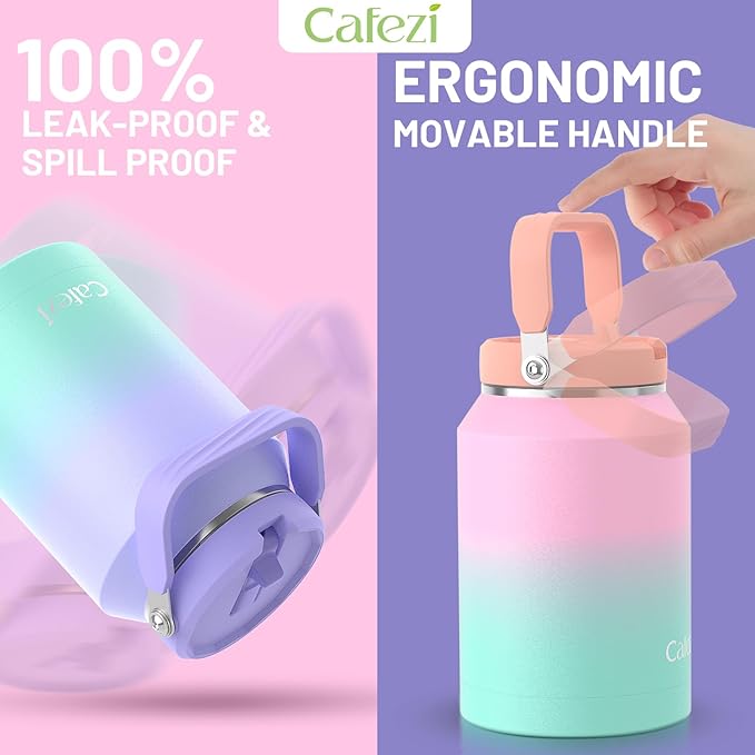 64oz Insulated Water Bottle, Stainless Steel Water Bottles with Flip Straw and Top Handle, Leak Proof, Iced for 34 Hours, 64 oz Tumbler