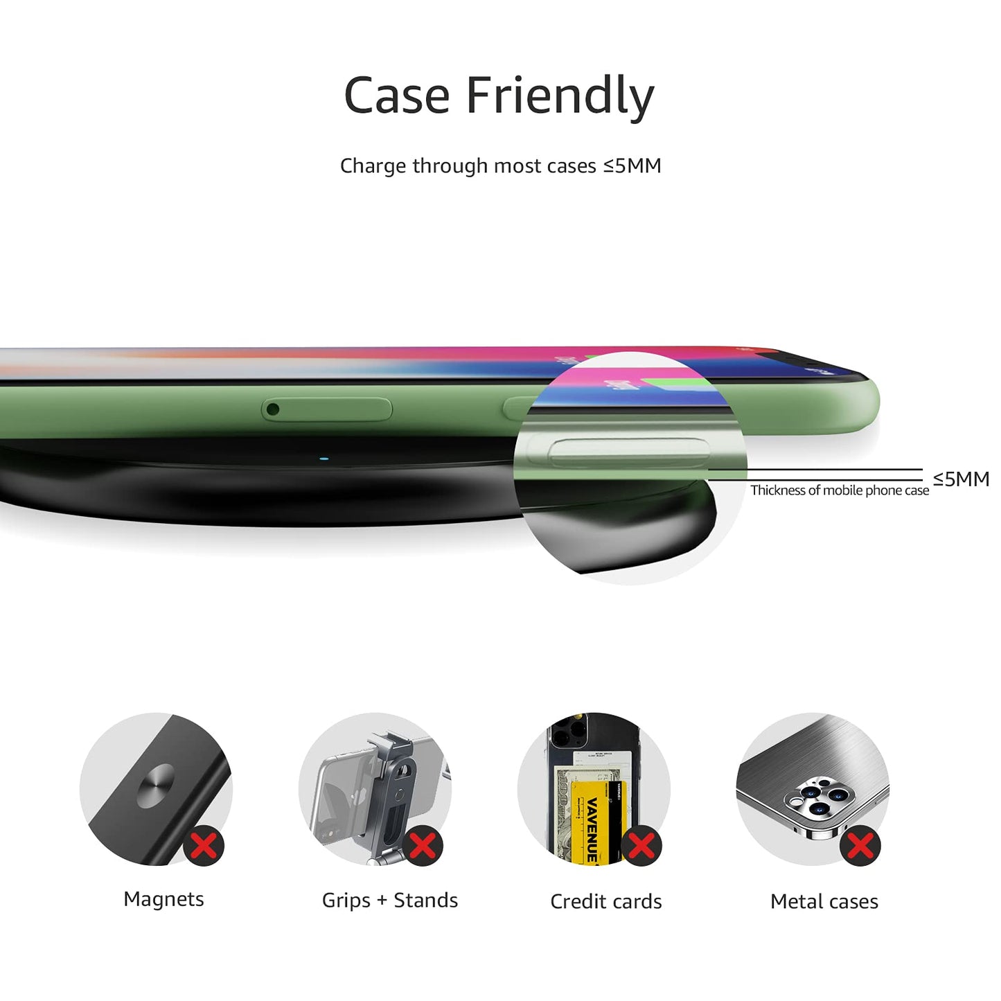 Amazon Basics 15W Qi Certified Wireless Charging Pad for iPhone 16/15/14/13/12/11/X, Samsung and More, with USB Cable, Black