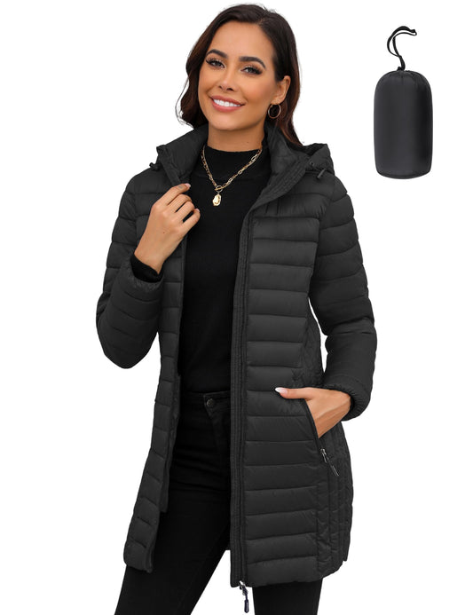 ANOTHER CHOICE Women Ultra-light Puffer Jacket, Winter Puffey Jacket with Detachable Hood Stretchy Panel Rollable Black M