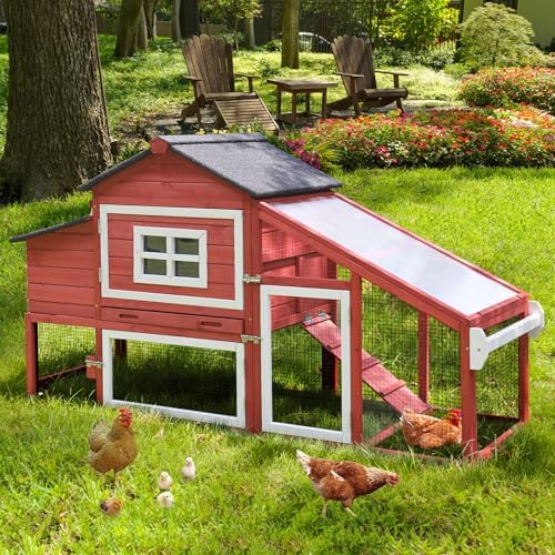 Aivituvin Chicken Coop Outdoor with Wheels, Mobile Hen House Wooden Poultry Cage with Run & Waterproof Roof (Red with White)