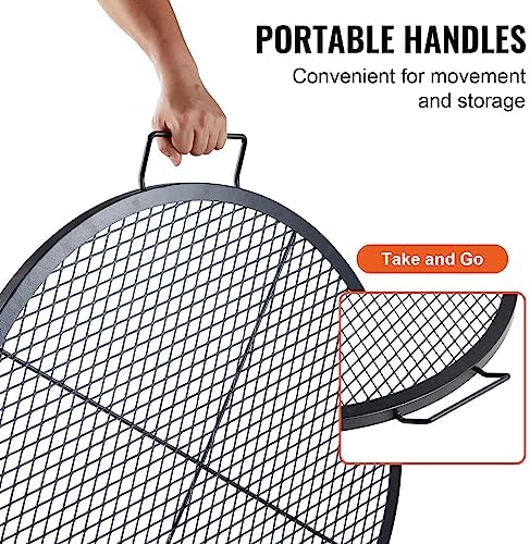 VEVOR X-Marks Fire Pit Grill Grate, Round Cooking Grate, Heavy Duty Steel Campfire BBQ Grill Grid with Handle and Support X Wire, Portable Camping Cookware for Outside Party & Gathering, 30 Inch Black