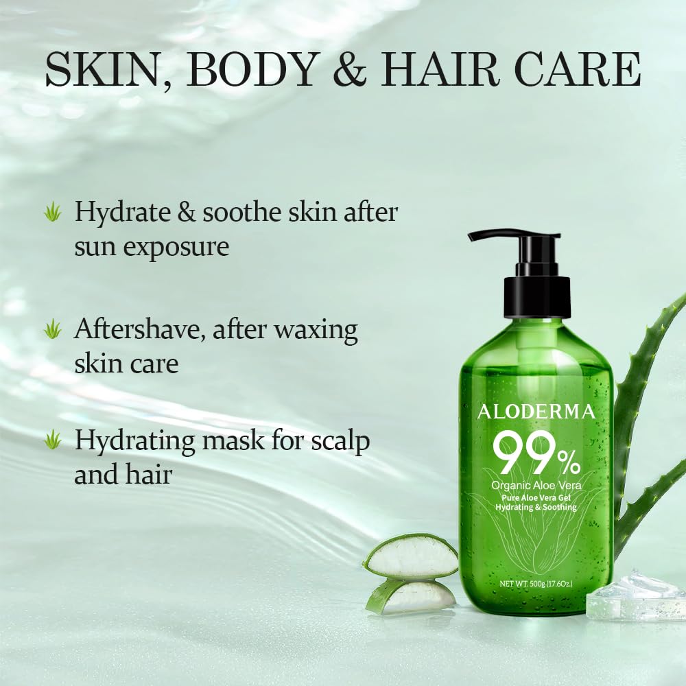 Aloderma 99% Organic Pure Aloe Vera Gel Made within 12 Hours of Harvest, Large 17.6oz Pump Bottle, Lightweight Non-Sticky Aloe Gel for Sunburn Relief, Natural, Soothing Aloe Vera for Face & Hair