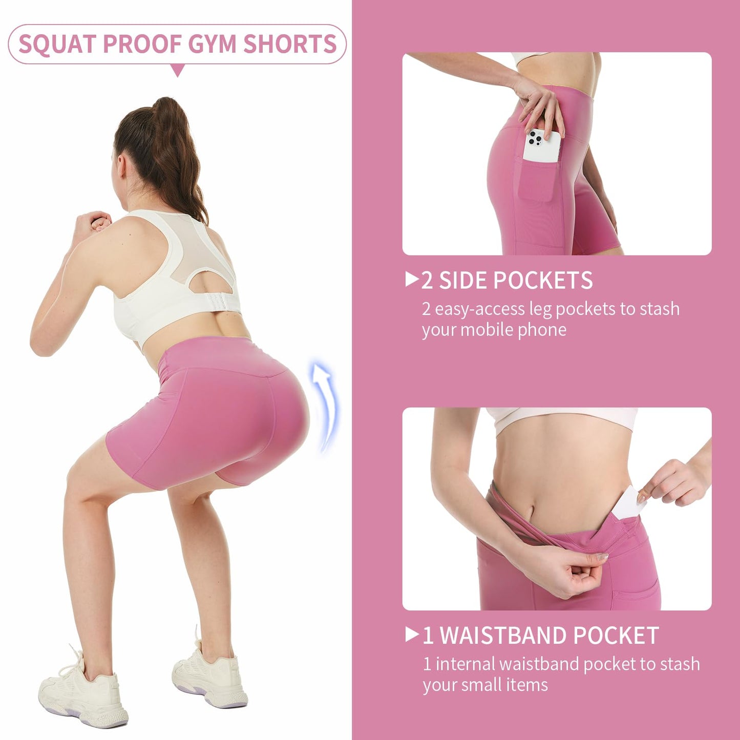 YOYOYOGA Biker Shorts Women High Waist Yoga Shorts with Pocket Spandex Tummy Control Workout Shorts Stretch Gym Running Athletic Exercise Pink XL