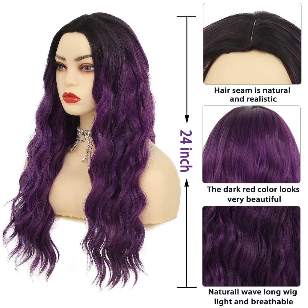 Amnenl Ombre Purple Curly Women Wigs Long Wave Dark Roots Middle Part Synthetic Wigs for Halloween Cosplay Wig