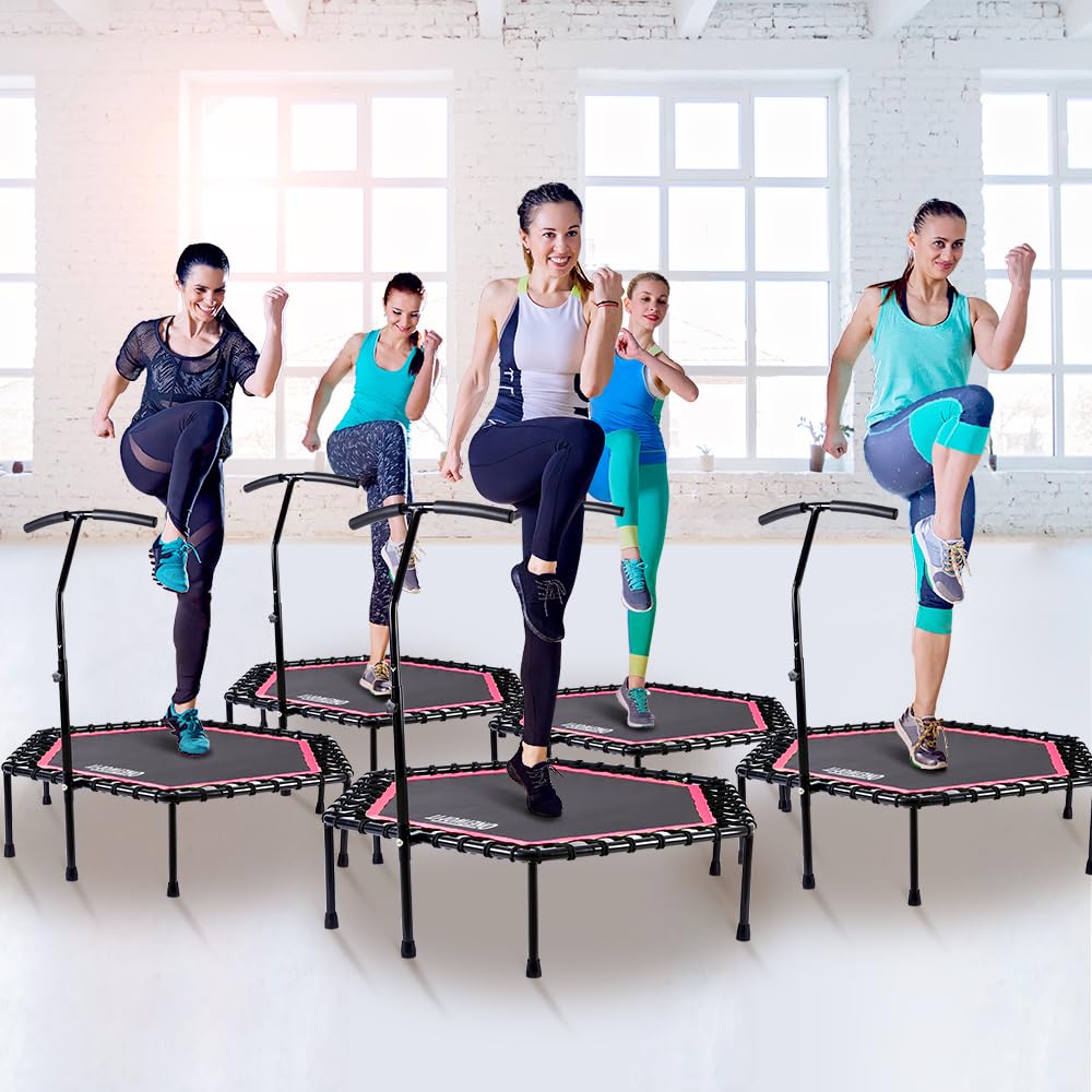 ONETWOFIT 48" Silent Mini Trampoline with Adjustable Handle Bar Fitness Trampoline Bungee Rebounder Jumping Cardio Trainer Workout for Adults Pink