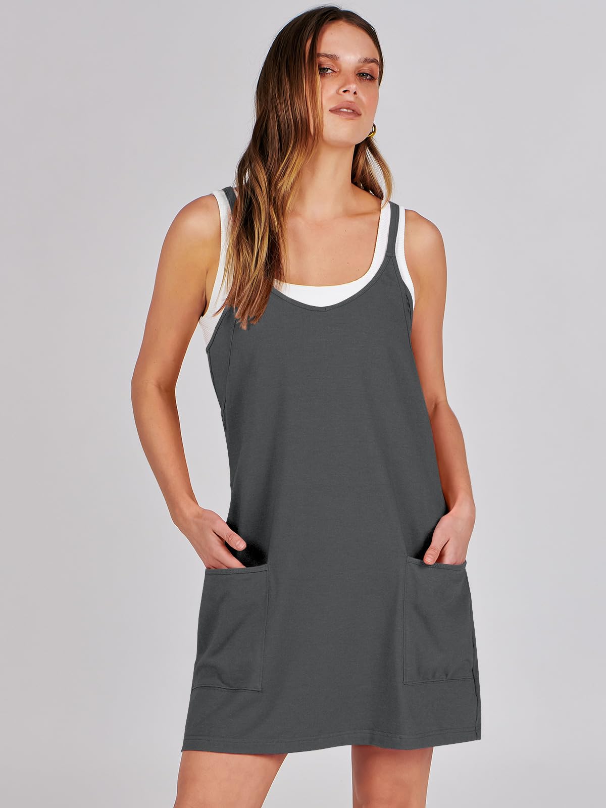 ANRABESS Women Summer Mini Romper Dress Workout Tennis Active Sports Athleisure Outfits Built in Shorts Trendy Vacation Gray X-Smal