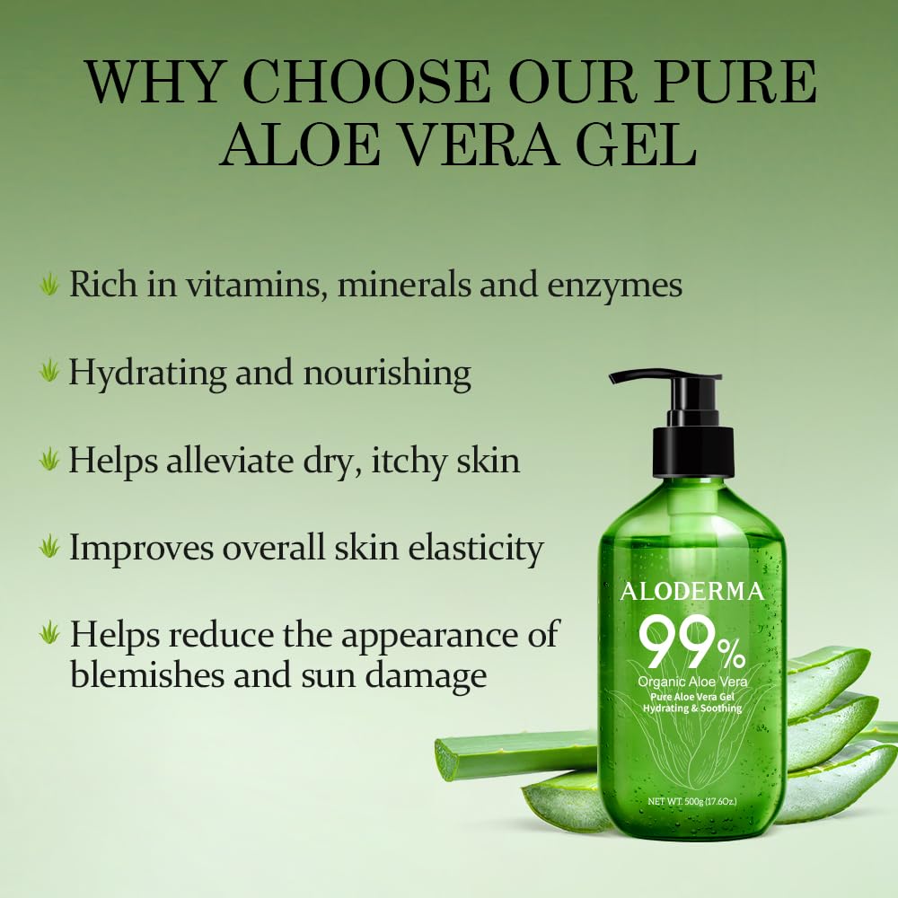 Aloderma 99% Organic Pure Aloe Vera Gel Made within 12 Hours of Harvest, Large 17.6oz Pump Bottle, Lightweight Non-Sticky Aloe Gel for Sunburn Relief, Natural, Soothing Aloe Vera for Face & Hair