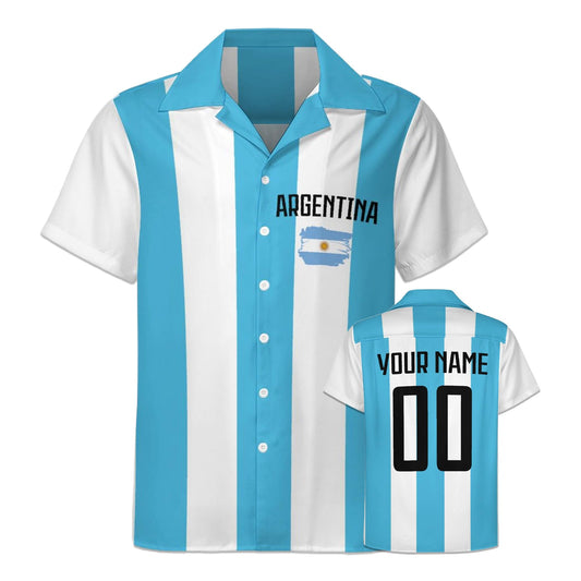 GIF4FOT Custom 2024 Argentina Soccer Cuban Neck Shirt Hawaii Short Sleeve Personalized Name Number for Men Sports Gift, Small