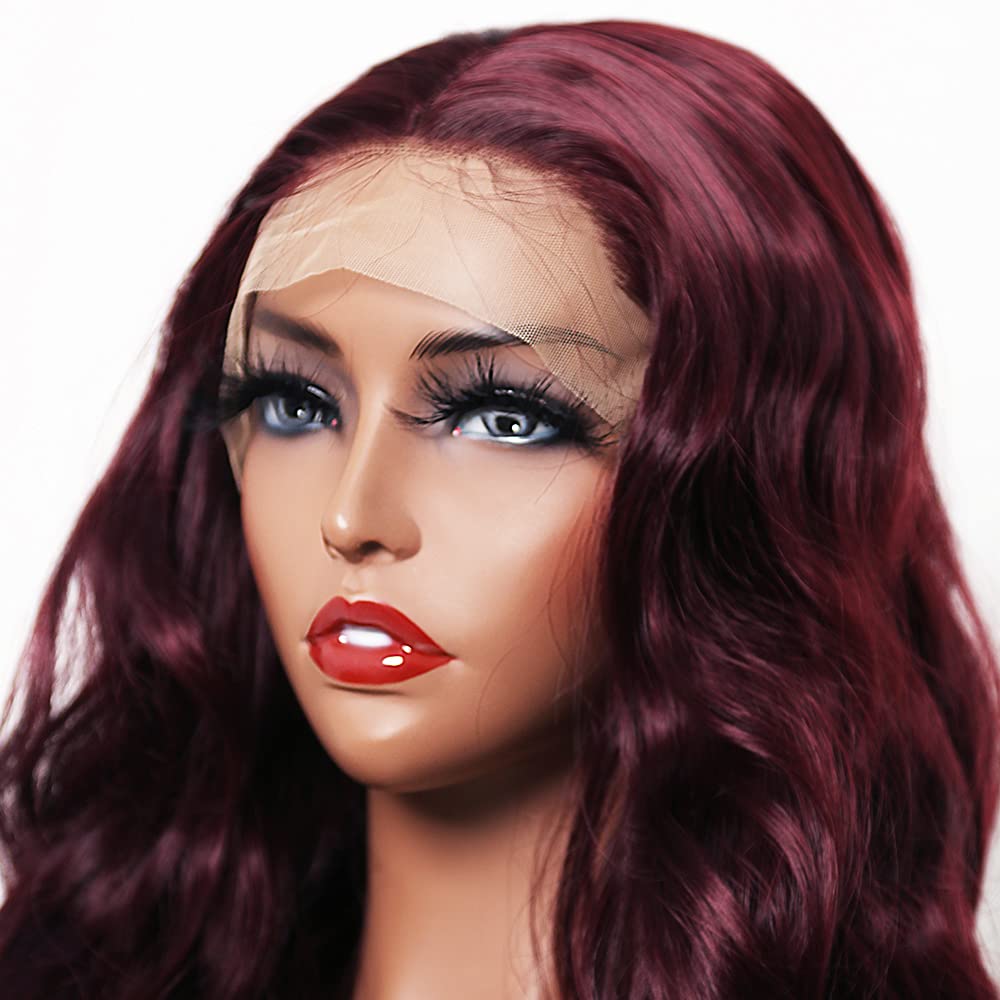 ANDRIA lace front wigs Glueless Lace Wig Long Loose Wave Synthetic Heat Resistant Fiber Wig With Baby Hair Long Curly Colorful Burgundy Wine Red Colored lace front wig for Black Women 99j Wig 24 Inch