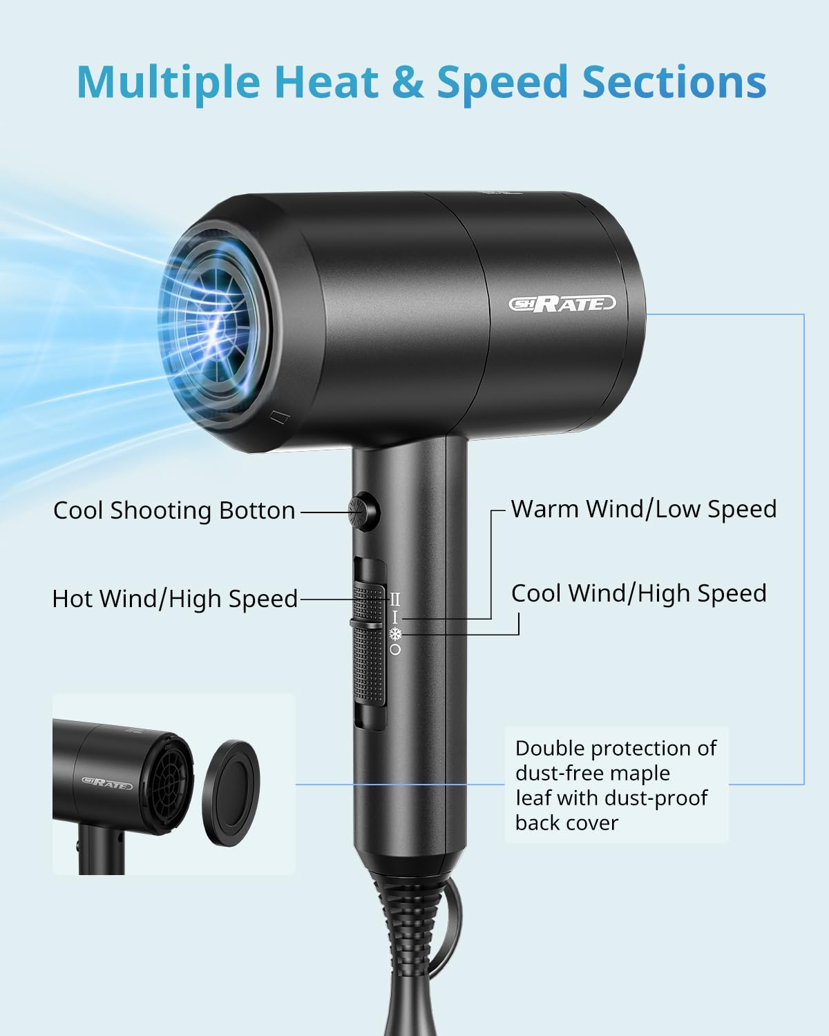 SHRATE Lightweight Ionic Hair Dryer with Diffuser - Powerful 1800W Blow Dryer for Fast Drying - Professional Low Noise Mini Hair Dryer for Travel, Gifts, Hair Styling (Black)