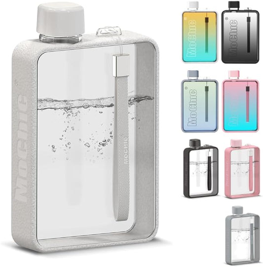 Mochic 13oz Portable Water Flask Flat Water Bottle for Purse Mug BPA Free A5 Slim Square Water Bottle Flask Leak Proof Plastic Flask Bottle for Travel (White)