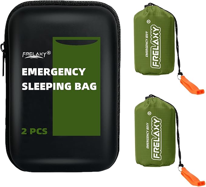 Frelaxy Emergency Sleeping Bag 1-Pack/2-Pack, Extra-Thick Compact Survival Bivy with Whistle, Storage Pouch, and EVA case, Perfect for Survival Kits