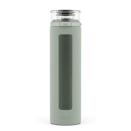 Ello Syndicate 20oz Reusable Glass Water Bottle with One-Touch Leak Proof Flip Lid, Protective Non-Slip Silicone Sleeve, Carry Loop for Coffee, Tea and Water, BPA-free, Dishwasher Safe, Sage