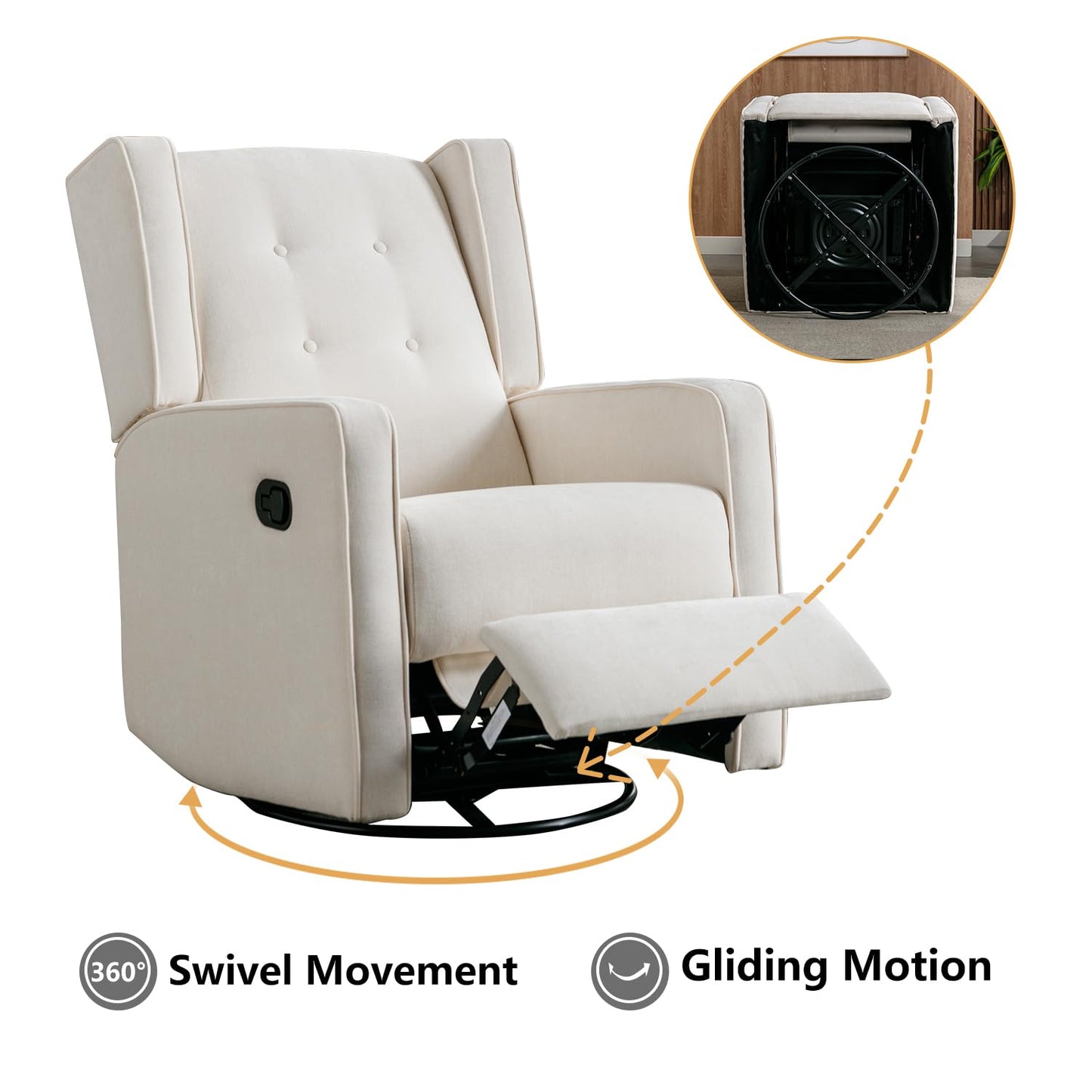 Swivel Rocker Recliner Chair, Nursery Glider Chair, Nursery Rocking Chairs, Manual Reclining Chair, White