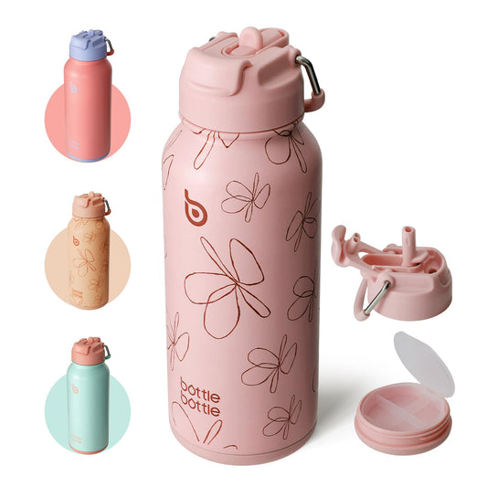 BOTTLE BOTTLE 32oz Insulated Water Bottle Stainless Steel Sport Water Bottle with Straw Dual-use Lid Design for Gym with Pill Box (pink flower)