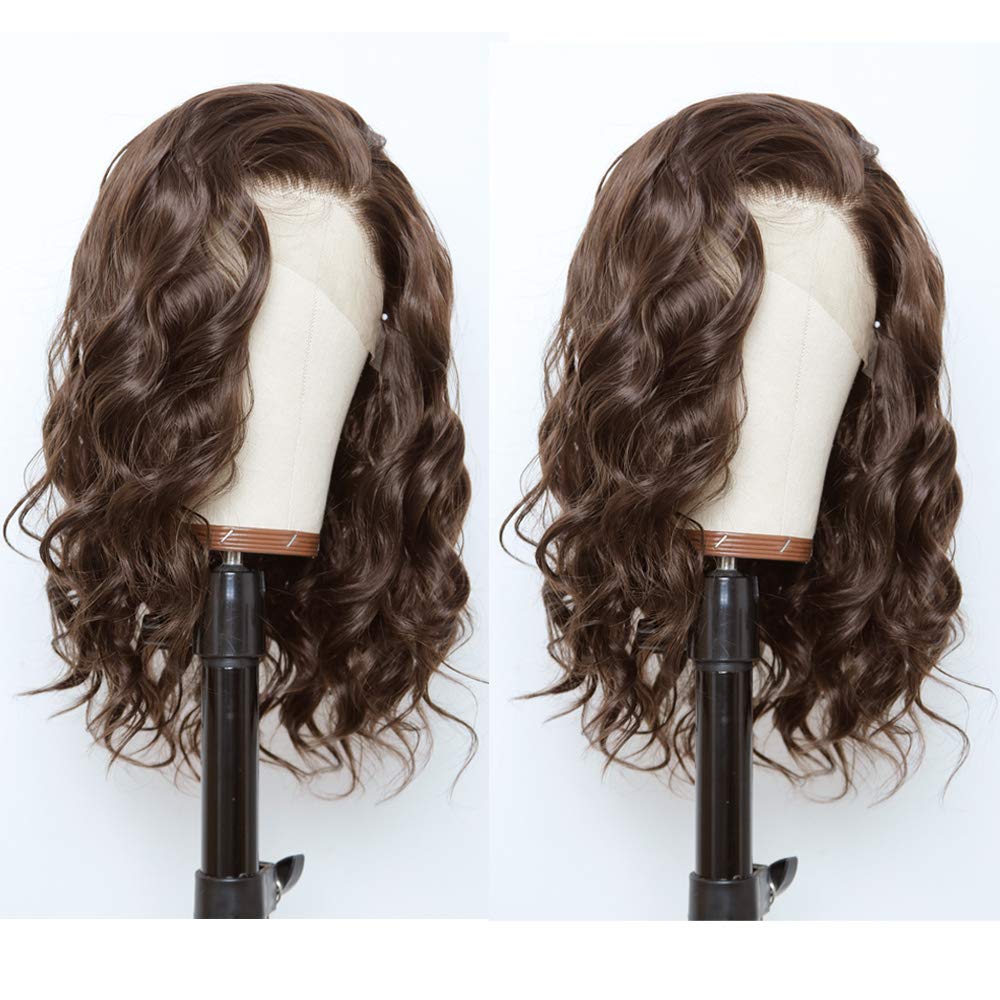 ANDRIA 13X4 HD Lace Front Wigs Pre-Plucked Hairline 16 Inches Body Wave Chocolate Glueless Lace Frontal Wigs with Baby Hair Short Bob Wig 200% Density Loose Wave Short Curly Lace Closure Wig