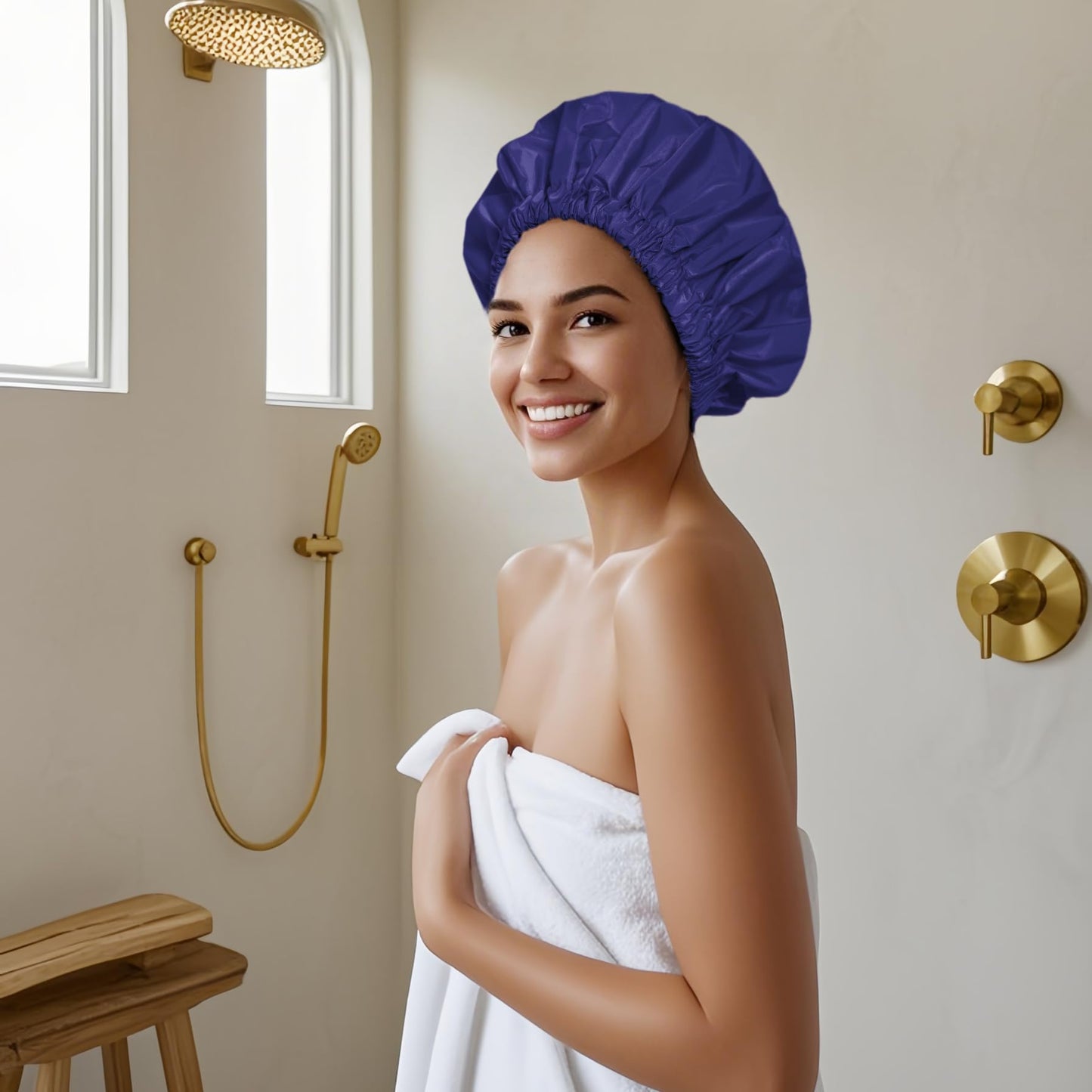 Reusable Shower Cap for Women, Large Waterproof Shower Essentials Bonnet Washable Elastic Band Bath Hair Wrap Hat for Long Hair, Braids(Dark Blue Purple)