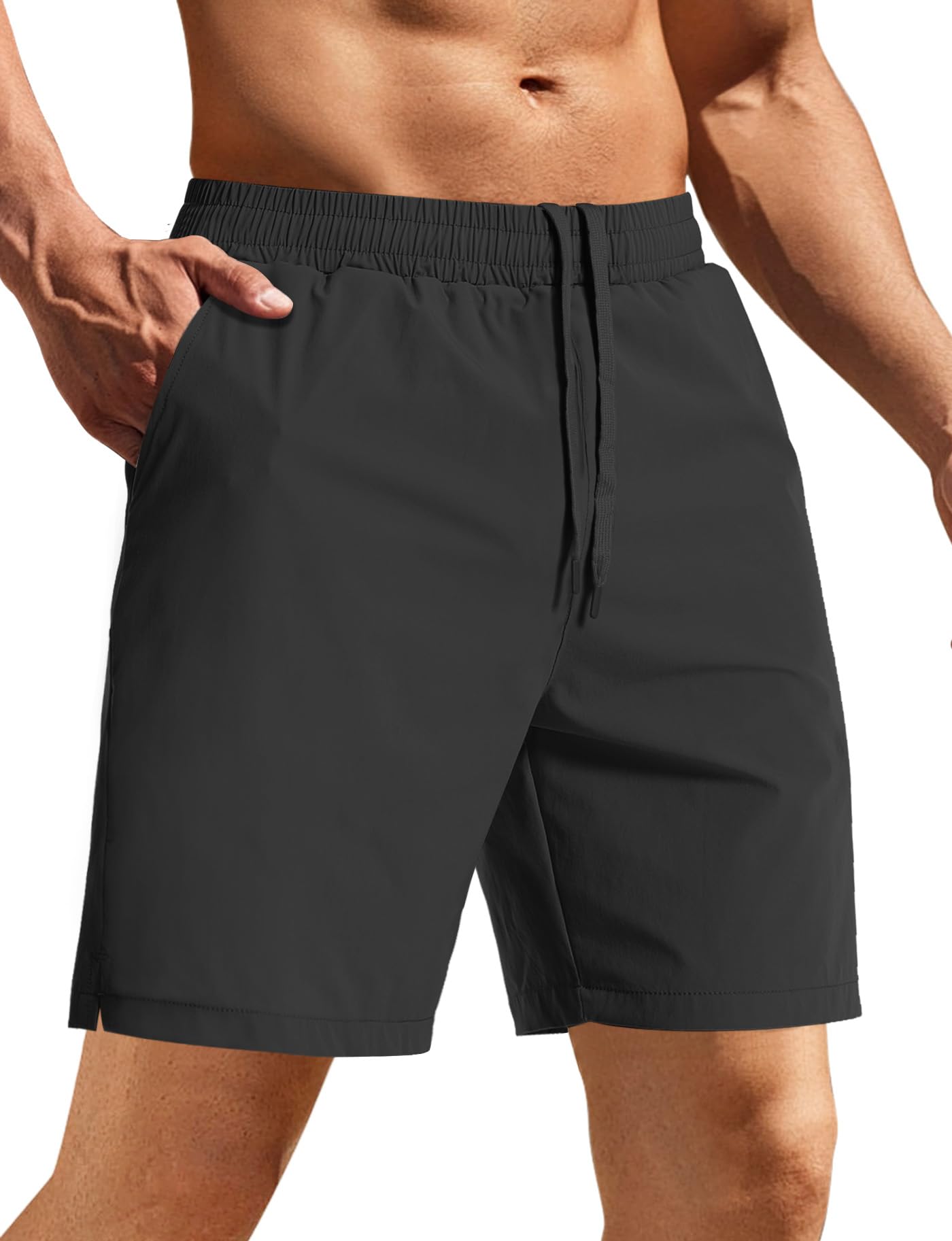 Aolesy Mens Athletic Gym Shorts Quick Dry Shorts 7 inch Inseam Lightweight Men Running Workout Sports Hiking Shorts with Pockets Black