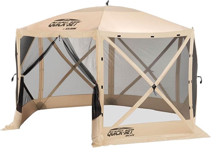 CLAM Quick-Set Escape 12 x 12 Foot Portable Pop Up Camping Outdoor Gazebo 6 Sided Canopy Shelter + 2 Pack of Wind and Sun Panels