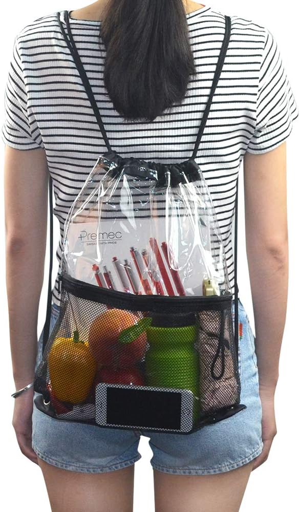 Clear Drawstring Bag, PVC Drawstring Backpack with Front Zipper Mesh Pocket