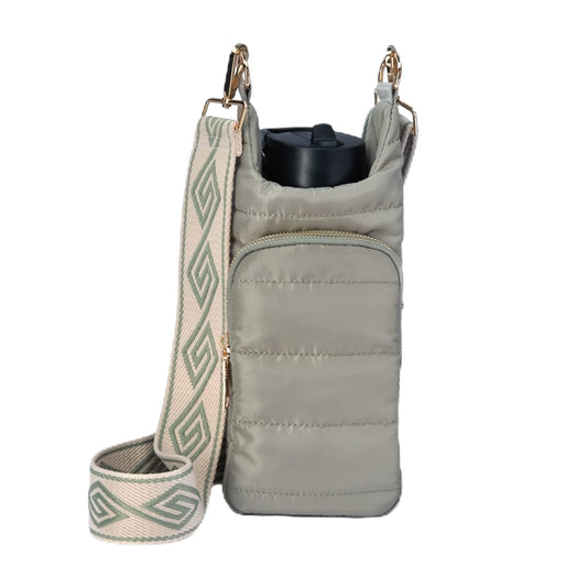 WanderFull Original HydroBag | Quilted Water Bottle Holder with Strap | Tote Bottle Carrier Crossbody Bag with Pockets | Carry 32 oz Water Bottle, Tumbler, Phone, Purse | Sage, Patterned Strap