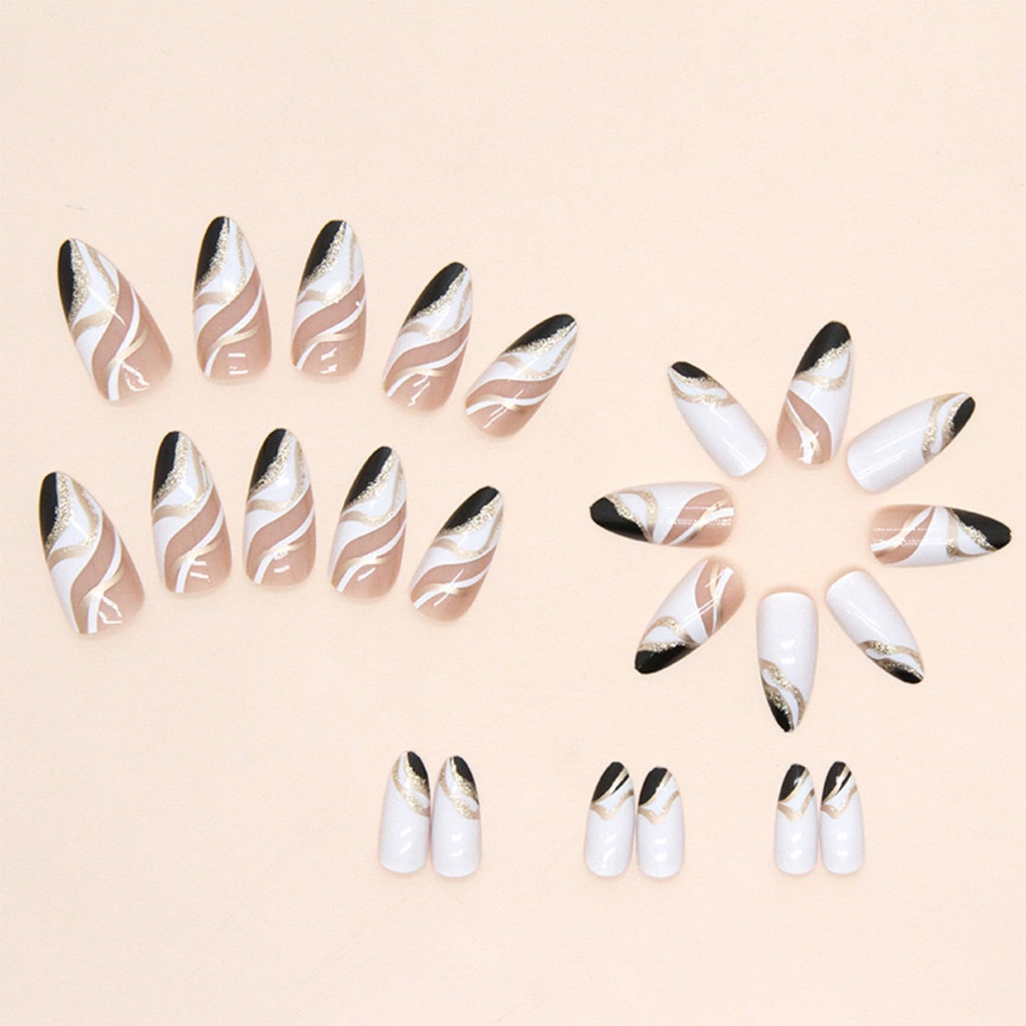Almond Press on Nails Short Fake Nails White False Nails Press ons with Designs Gold Glitter Black Glue on Nails Glossy Full Cover Acrylic Nails Artificial Stick on Nails for Women Decorations 24Pcs