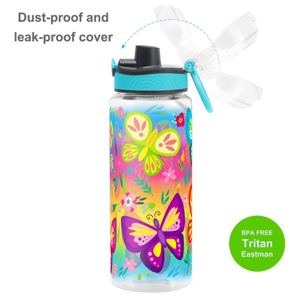 Cute Water Bottle for School Kids Girls, BPA FREE Tritan & Leak Proof & Easy Clean & Carry Handle, 23oz/ 680ml - Butterfly