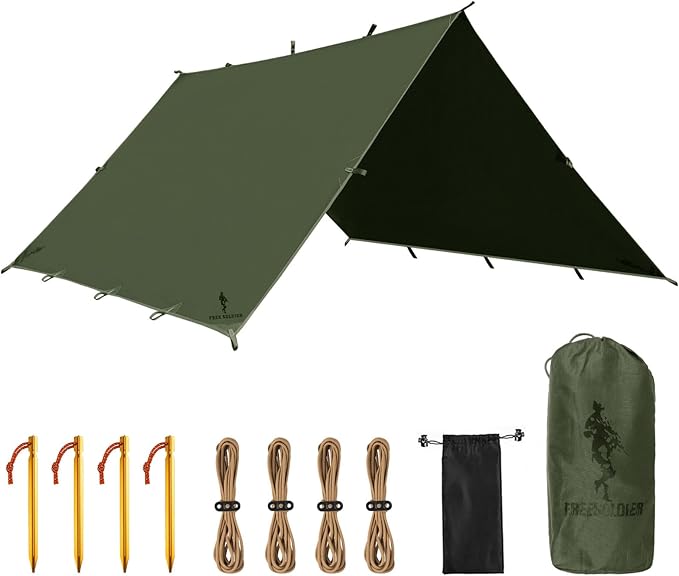 FREE SOLDIER Camping Tarp Waterproof Portable Multifunctional Outdoor Camping Traveling Awning Backpacking Shelter Rain Tarp (Dark Green 13×13ft)