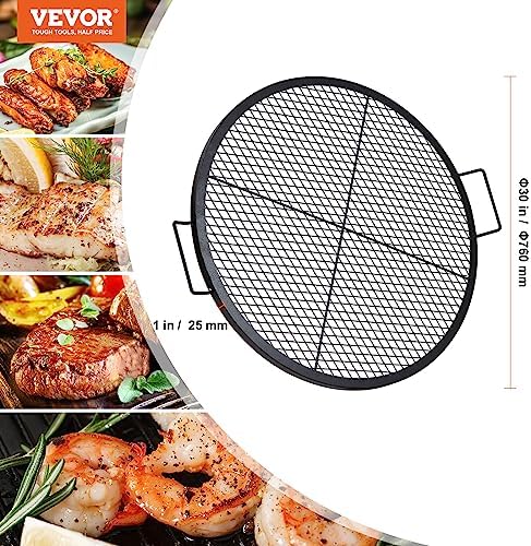 VEVOR X-Marks Fire Pit Grill Grate, Round Cooking Grate, Heavy Duty Steel Campfire BBQ Grill Grid with Handle and Support X Wire, Portable Camping Cookware for Outside Party & Gathering, 30 Inch Black