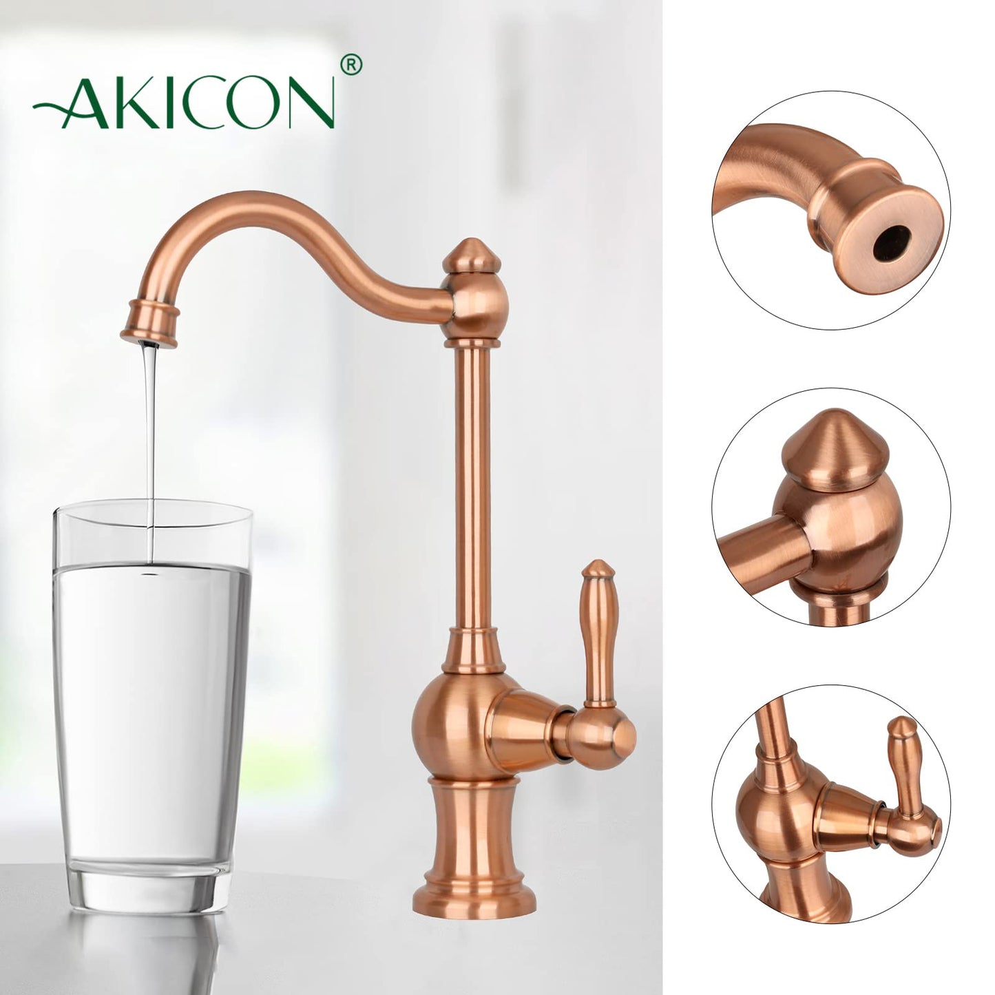 Akicon Kitchen Water Filter Faucet, Brass Body 100% Lead-Free Drinking Water Faucet Fits Most Reverse Osmosis Units or Filtration System, Non-Air Gap, Cold Water Only (Copper)
