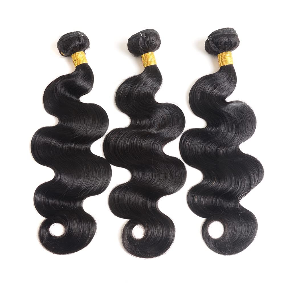 Amskdum Body Wave 3 Human Hair Bundles Extensions 12A Human Hair Weave 100% Unprocessed Brazilian Virgin Human Hair Extensions For Women Natural Black (22" 22" 22")