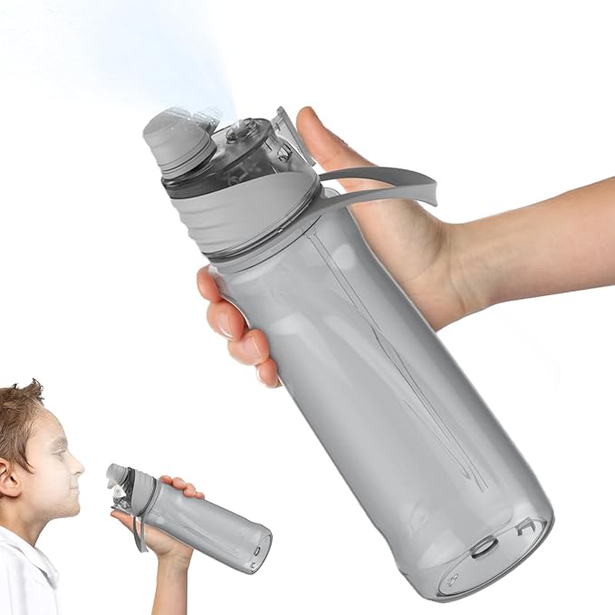 FEIJIAN Mist Water Bottle,22oz Sports Water Bottle with 2-IN-1 Mist & Sip Function, BPA-Free Plastic Water Bottles, Misting Water Bottle, Leakproof & Lightweight, Ideal for Fitness and Outdoor, Gray