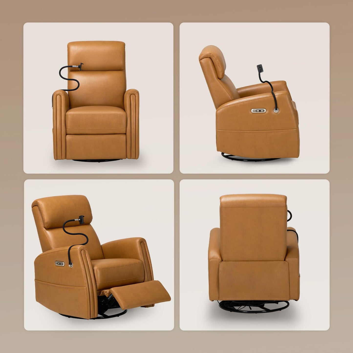 COLAMY Electric Power Swivel Recliner Chair, PU Leather Rocking Chair, 270° Swivel 145° Recliner Chair with Built-in Charging Ports for Living Room, Home, CognacBrown