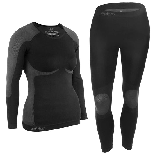 ALPIDEX Functional Wear Thermal Underwear Woman Ski Breathable Quick Drying Clothing Warm Base Layer Ladies Cold Weather Set Long Johns Top Bottom, Size:S/M, Colour:Black-Grey