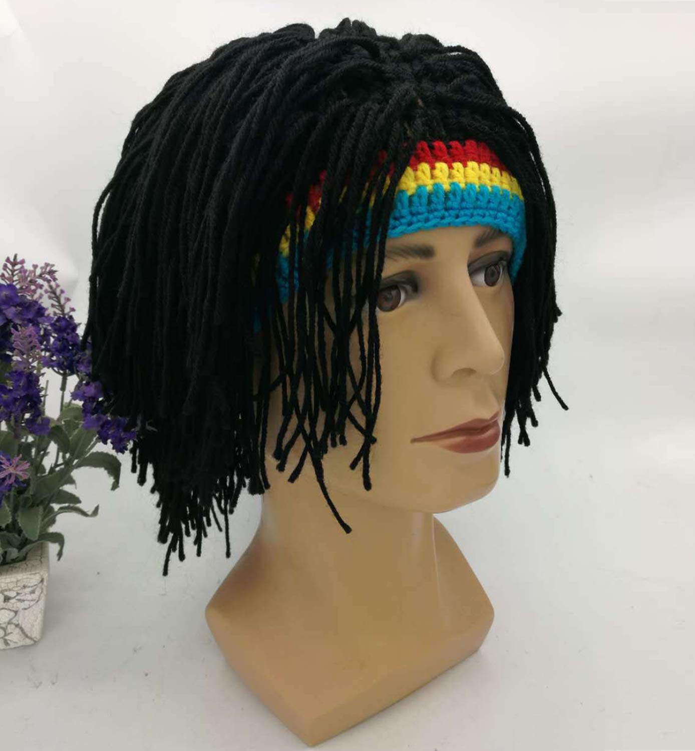 Kirmoo Knit Rasta Beanie Hats for Men Funny Winter Hats for Adults Jamaican Hat with Dreadlocks Fake Dreads Wig(Red Yellow Blue)