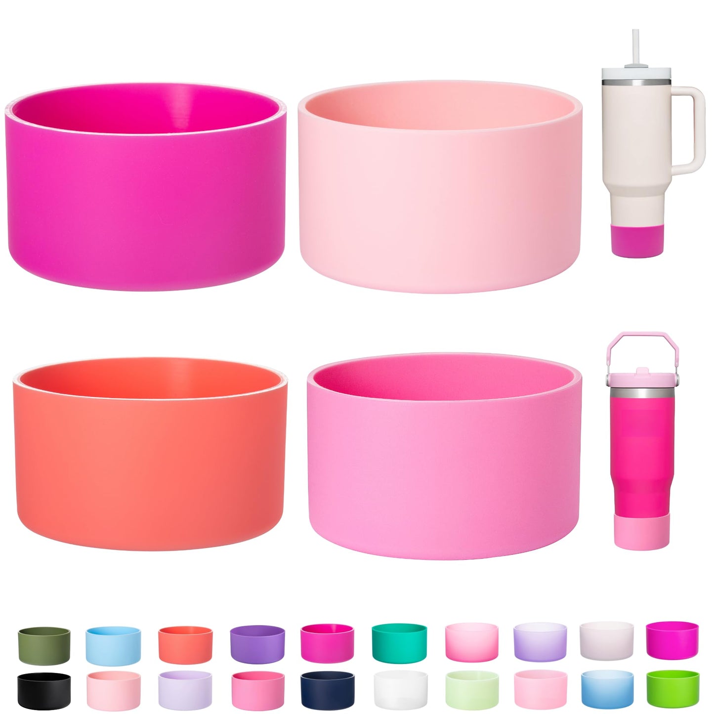 LONPARRY 4-Pack Silicone Boot for Stanley Cup Quencher IceFlow Rubber Bottom Sleeve Protector for Stanley Tumbler HydroFlask Car Travel Cup Bottle Bottom (Carnation+Pink+Coral Red+Peach)