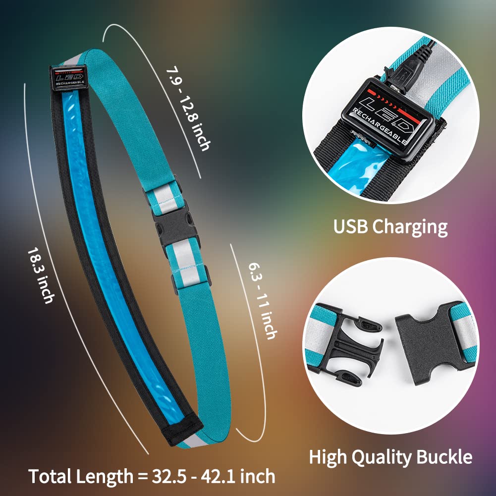 OLIKER LED Reflective Running Gear,High Visibility Reflective Belt Sash with Safety Light,USB Rechargeable Adjustable Size Night Reflective Accessories for Night Outdoor Sports Running Walking (Blue)
