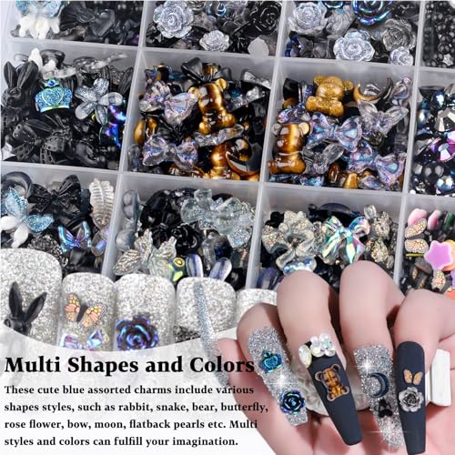 Kikonoke 1400 Pieces 3D Butterfly Rose Flower Bow Rabbit Bear Nail Charms Kit with Nail Art Rhinestones Pearls Crystal Gems Nail Slices for Manicure DIY Crafts Jewelry Accessories (Pink Blue)