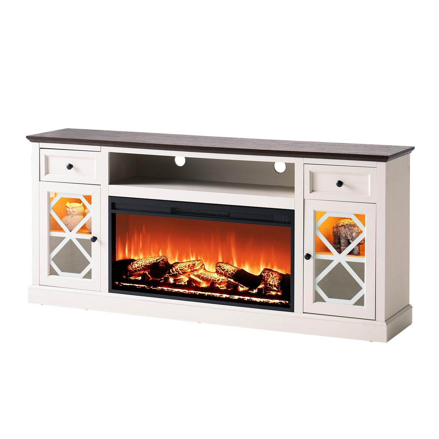AMERLIFE Farmhouse Fireplace TV Stand with 37" Electric Fireplace for 80 Inch TVs, Large LED Media Entertainment Center with Drawers, 31" Tall Highboy TV Console Cabinet with Door, Living Room, White