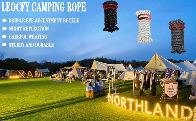 10 Pack 4mm Outdoor Guy Lines Tent Cords Reflective Canopy Wind Rope Lightweight Camping Rope with Aluminum Guylines Adjuster for Tent Tarp, Canopy Shelter, Camping, Hiking, Backpacking Black