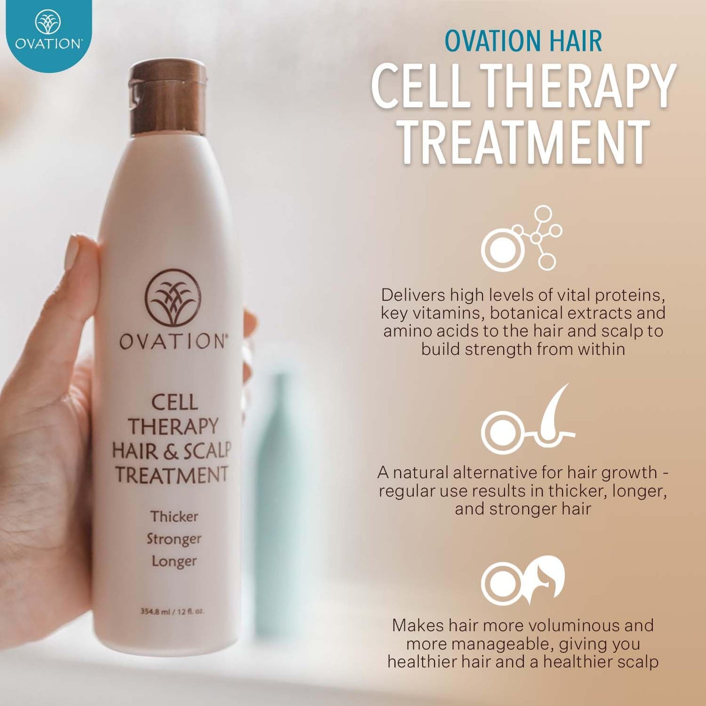 Ovation Hair Moisturizing 3-Step System - with Moisture Shampoo, Conditioner, and Cell Therapy Growth & Scalp Treatment - Nourish, Smooth, Detangle, & Hydrate Brittle Locks