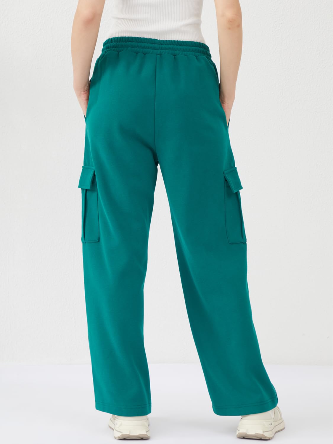 EYZH Womens Cargo Sweatpants High Waist Wide Leg Pants Drawstring Pockets Women Lounge Workout Long Pants Fall Winter Clothes Dark Green