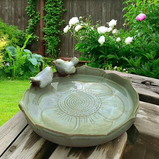 Ceramic Bird Bath for Outside on Ground, 9.45-Inch Birds Bath Bowl Only, Ground Bird Feeders and birdbath for Outdoors, Garden, Tabletop, Deck, Balcony and Lawn