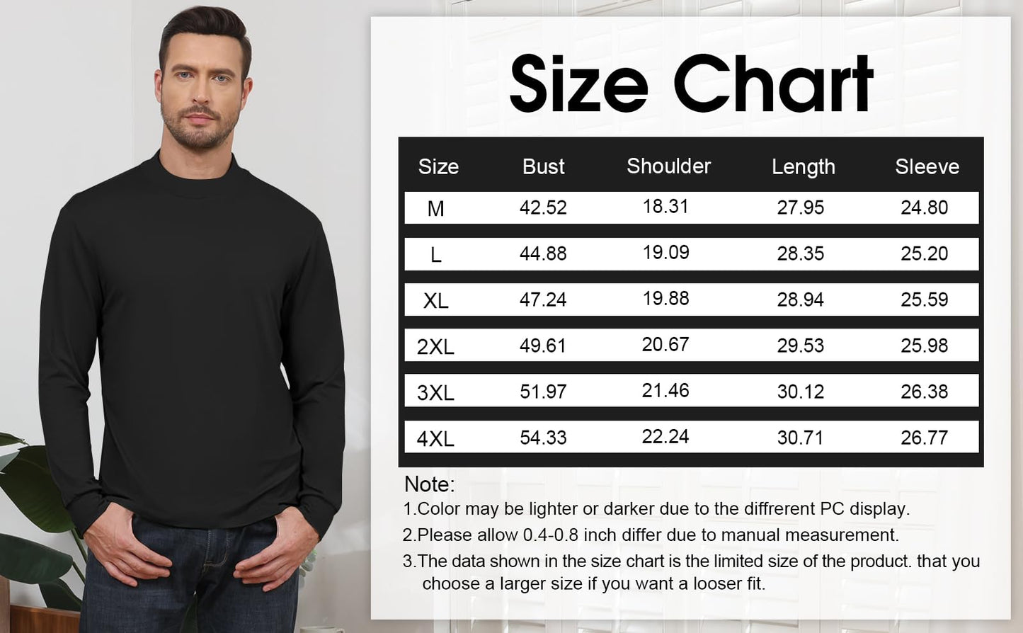 Angbater Mens Mock Turtleneck Long Sleeve Shirts Thermal Underwear Turtle Neck Undershirt Pullover T Shirt Black